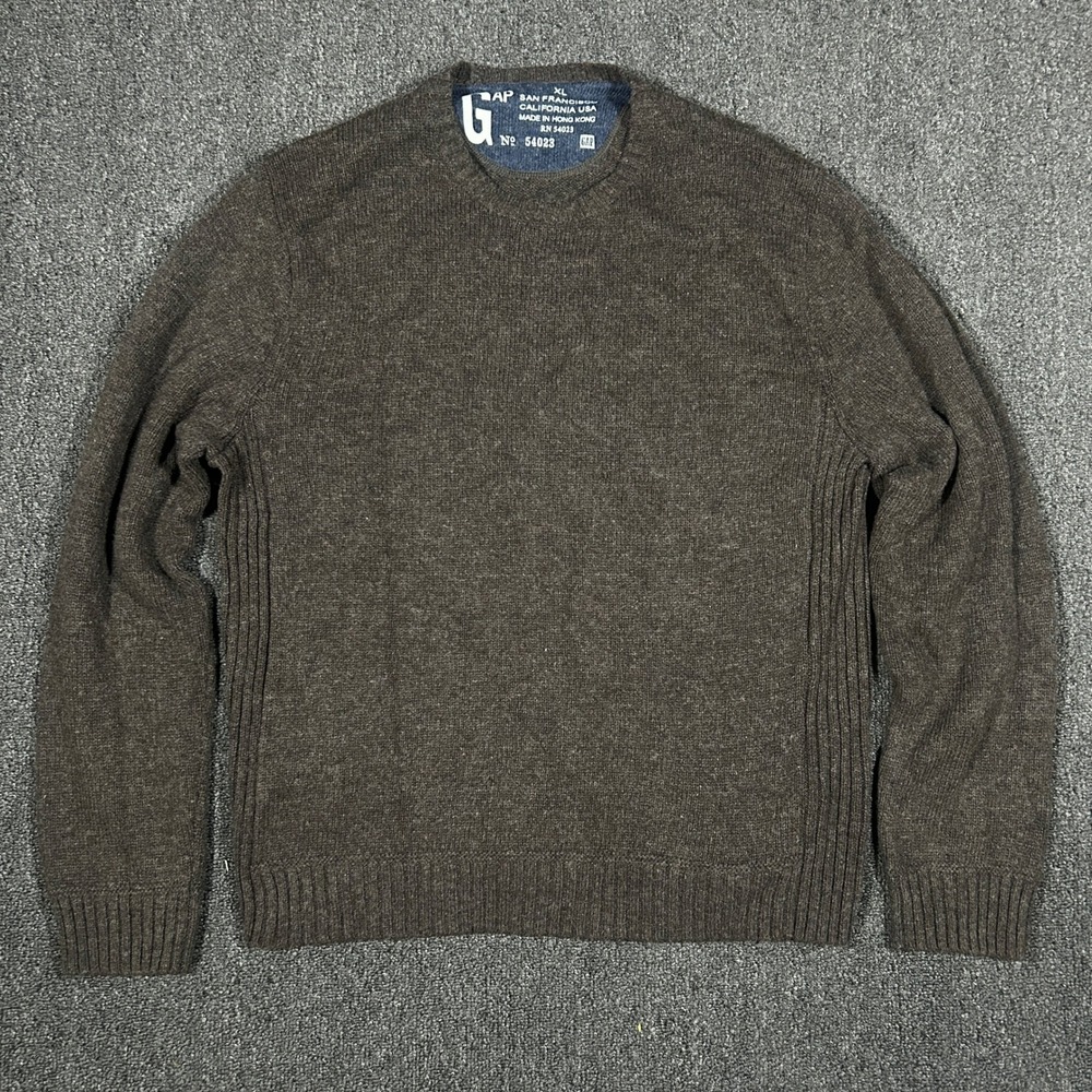Gap Crewneck Sweater Mens XL Brown Wool Blend Ribbed Side Panels Pullover Knit